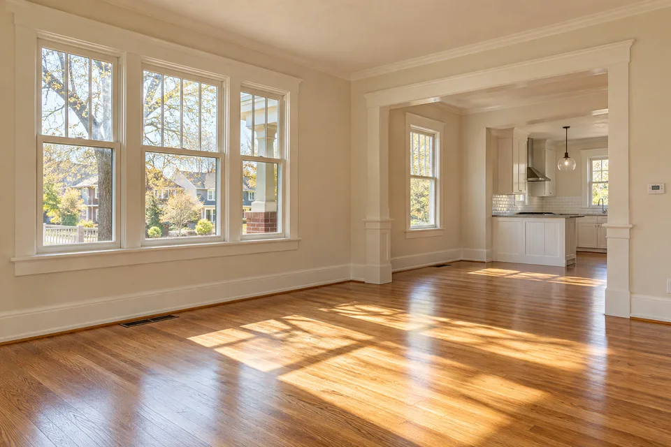 Bright empty home interior with clean oak floors prepared for handover