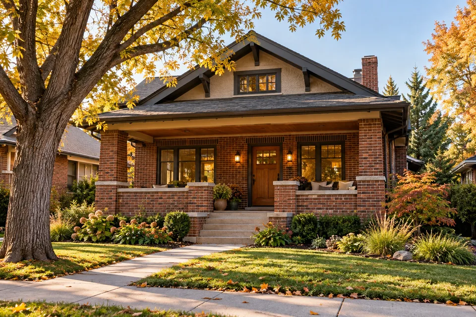 Welcoming brick American bungalow with a landscaped garden