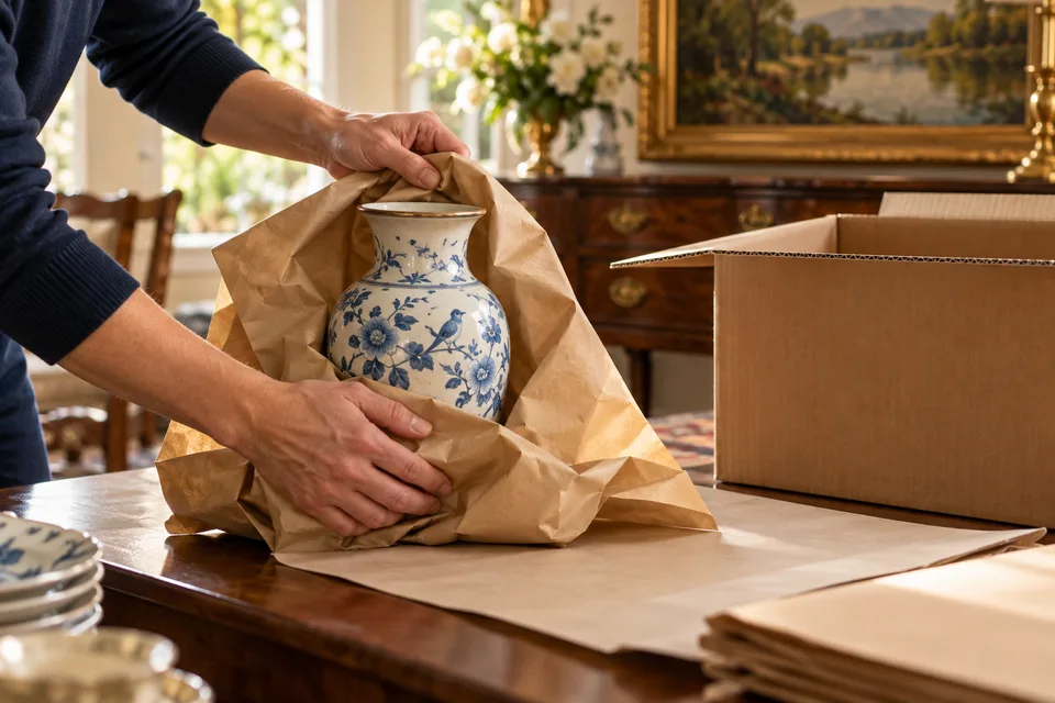 Careful wrapping of household belongings for a move
